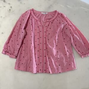 Boden Women's 10 Pink Polka Dot Embroidered Split Neck 3/4 Sleeve Blouse Cotton